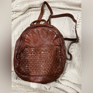 Valenca Holland Cognac  Leather Backpack with Woven Pocket